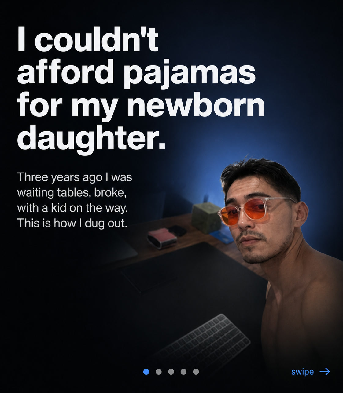 Carousel ad — slide 1: I couldn't afford pajamas for my newborn daughter