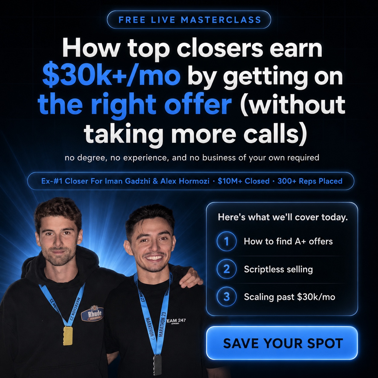 Static ad creative — free live masterclass, how top closers earn $30k+/mo